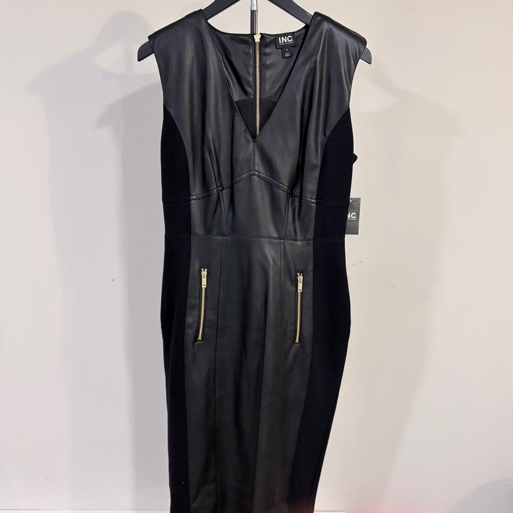 INC Sleek Edgy Faux Leather Bodycon V Neck Dress Classy 8 Mobwife Model-Off-Duty